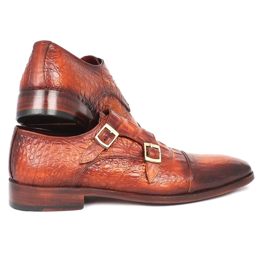 Paul Parkman Men's Double Monkstrap Brown Crocodile Embossed Calfskin (ID#PP2280)