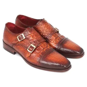Paul Parkman Men's Double Monkstrap Brown Crocodile Embossed Calfskin (ID#PP2280)