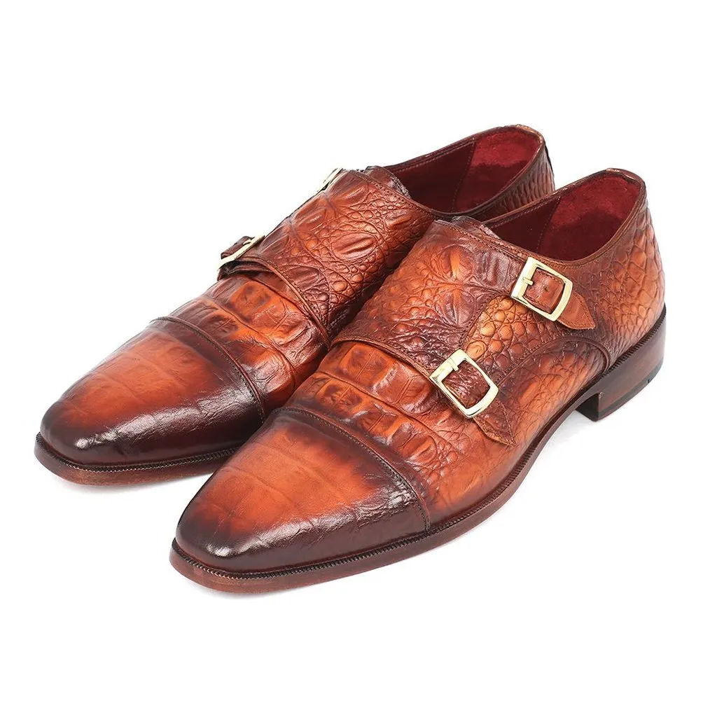 Paul Parkman Men's Double Monkstrap Brown Crocodile Embossed Calfskin (ID#PP2280)