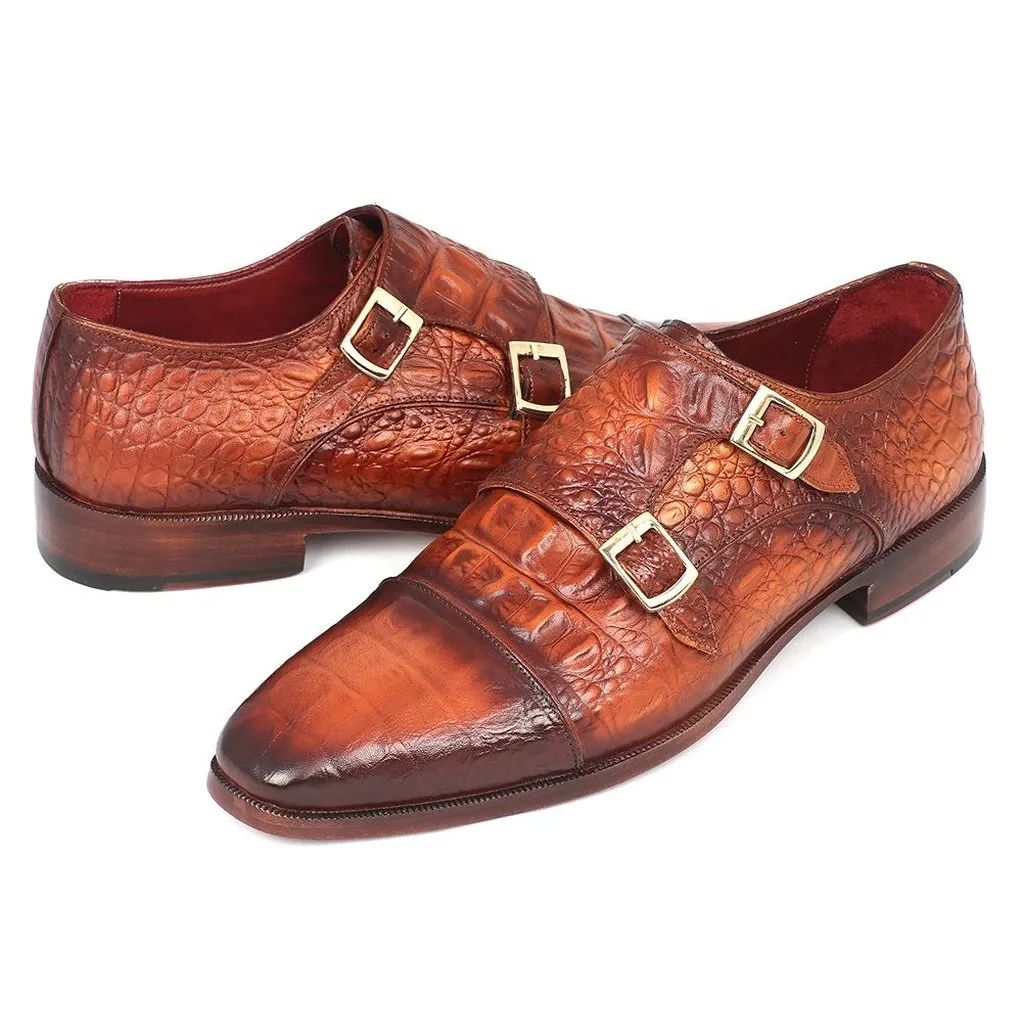 Paul Parkman Men's Double Monkstrap Brown Crocodile Embossed Calfskin (ID#PP2280)