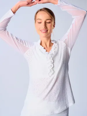 UPF 50  Ruffle V Neck Top In White Eyelet