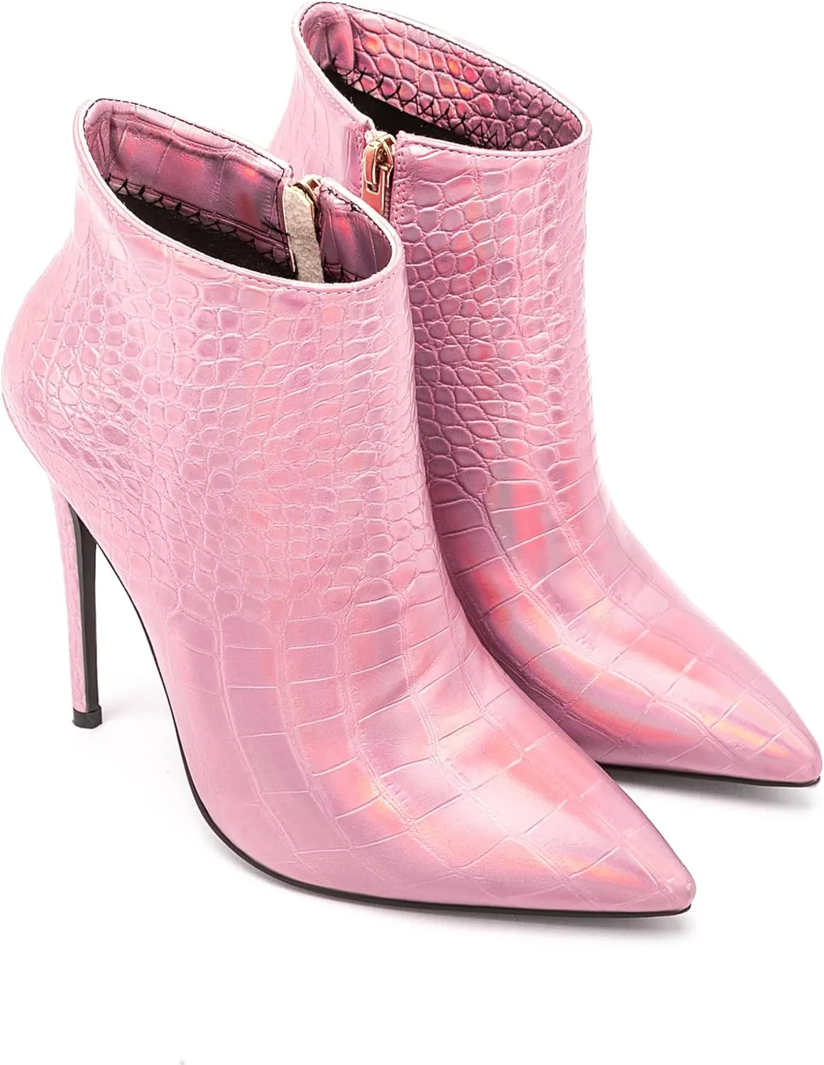 Women Vintage Pointed Toe High Heel Ankle Booties Metal Mirror Vegan Leather Stiletto Side Zip Boots