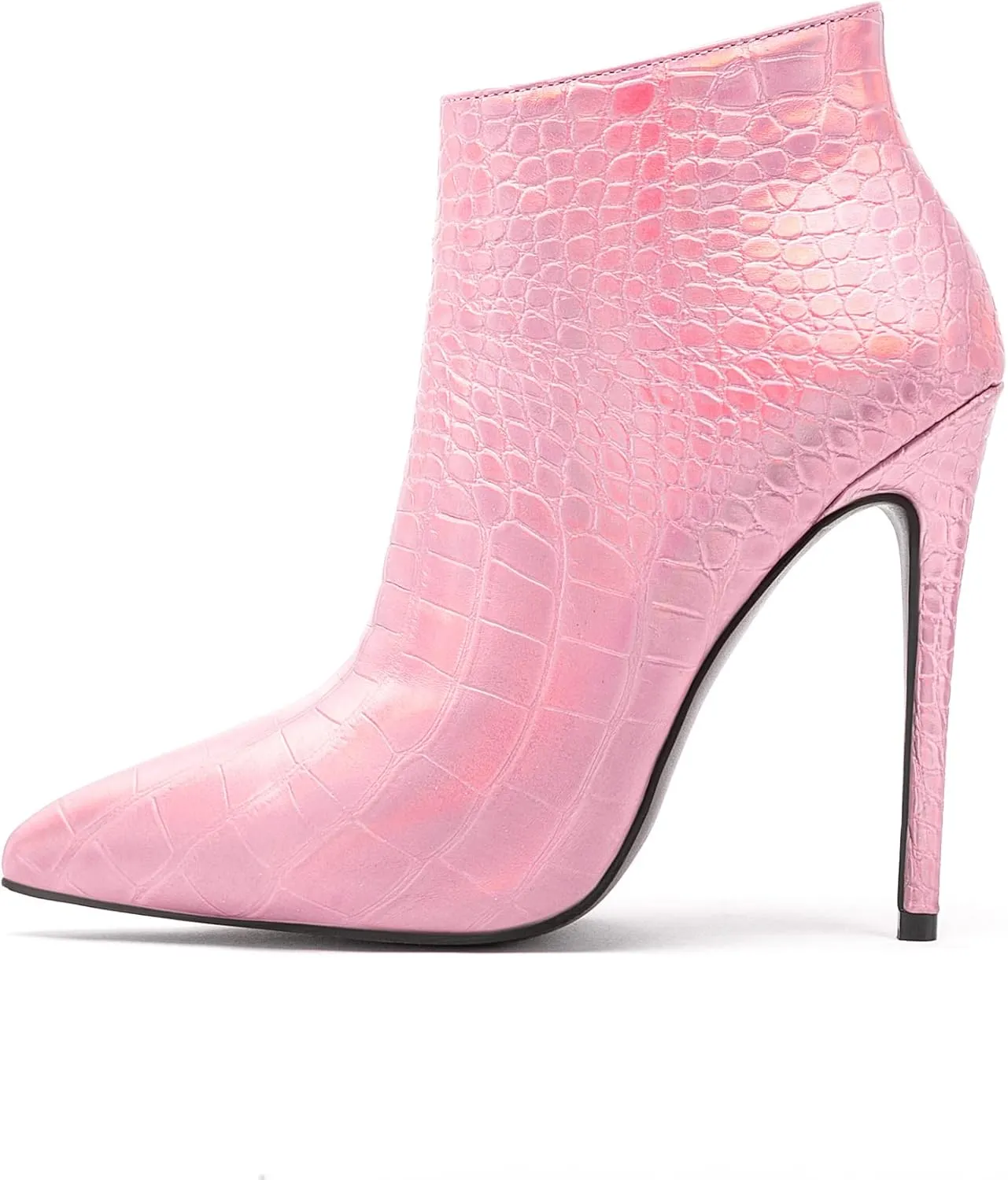 Women Vintage Pointed Toe High Heel Ankle Booties Metal Mirror Vegan Leather Stiletto Side Zip Boots