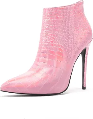 Women Vintage Pointed Toe High Heel Ankle Booties Metal Mirror Vegan Leather Stiletto Side Zip Boots