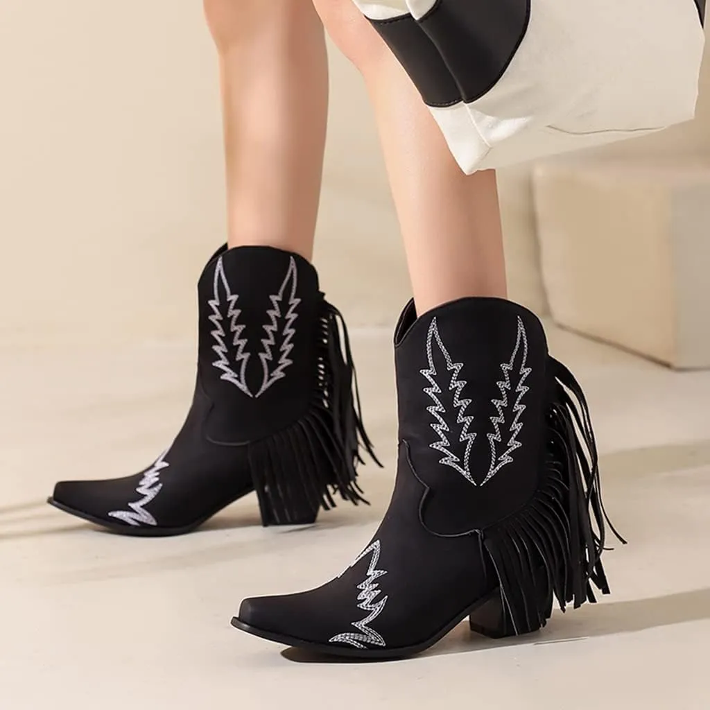 Women's Western Fringed Cowboy Ankle Boots Square Toe Pull On Block Mid Heel Dress Cowgirl Short Booties