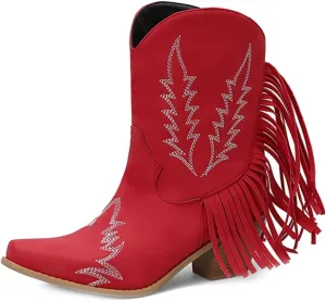 Women's Western Fringed Cowboy Ankle Boots Square Toe Pull On Block Mid Heel Dress Cowgirl Short Booties