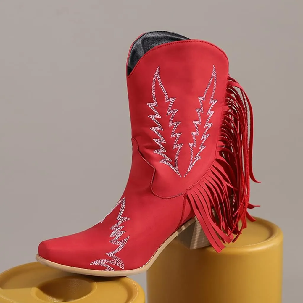 Women's Western Fringed Cowboy Ankle Boots Square Toe Pull On Block Mid Heel Dress Cowgirl Short Booties