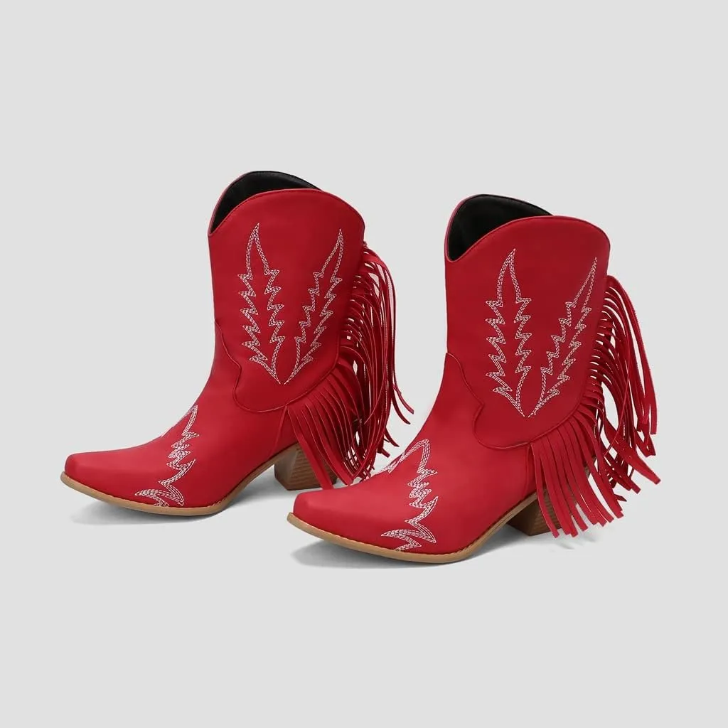 Women's Western Fringed Cowboy Ankle Boots Square Toe Pull On Block Mid Heel Dress Cowgirl Short Booties