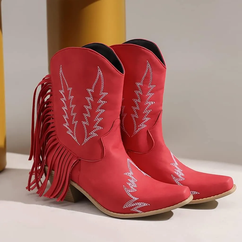 Women's Western Fringed Cowboy Ankle Boots Square Toe Pull On Block Mid Heel Dress Cowgirl Short Booties