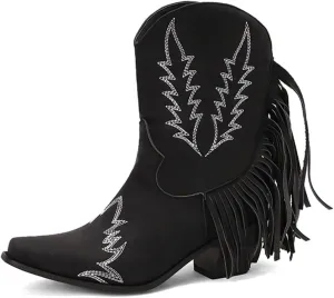 Women's Western Fringed Cowboy Ankle Boots Square Toe Pull On Block Mid Heel Dress Cowgirl Short Booties