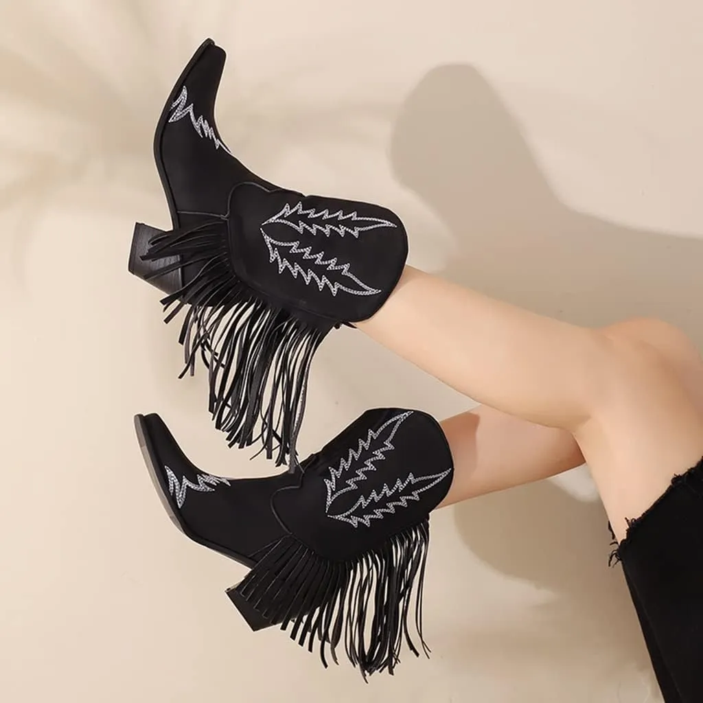 Women's Western Fringed Cowboy Ankle Boots Square Toe Pull On Block Mid Heel Dress Cowgirl Short Booties