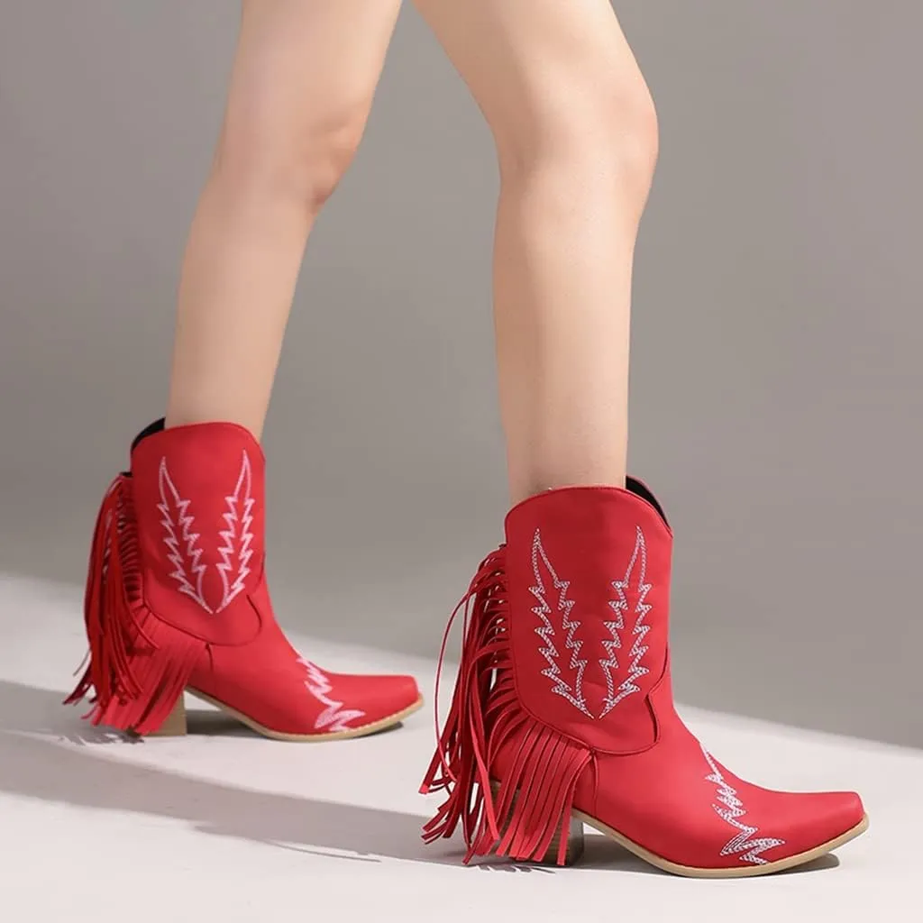 Women's Western Fringed Cowboy Ankle Boots Square Toe Pull On Block Mid Heel Dress Cowgirl Short Booties