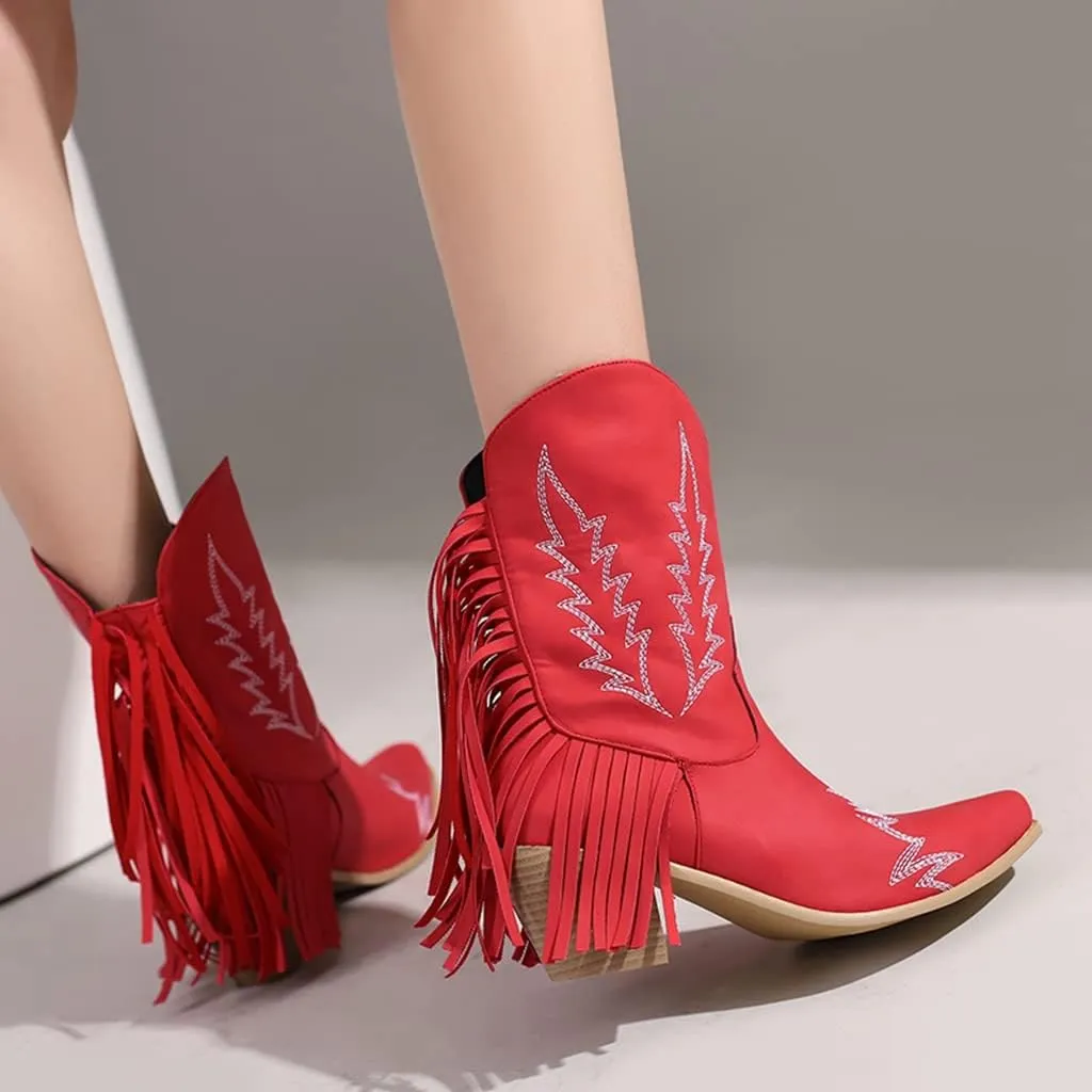 Women's Western Fringed Cowboy Ankle Boots Square Toe Pull On Block Mid Heel Dress Cowgirl Short Booties