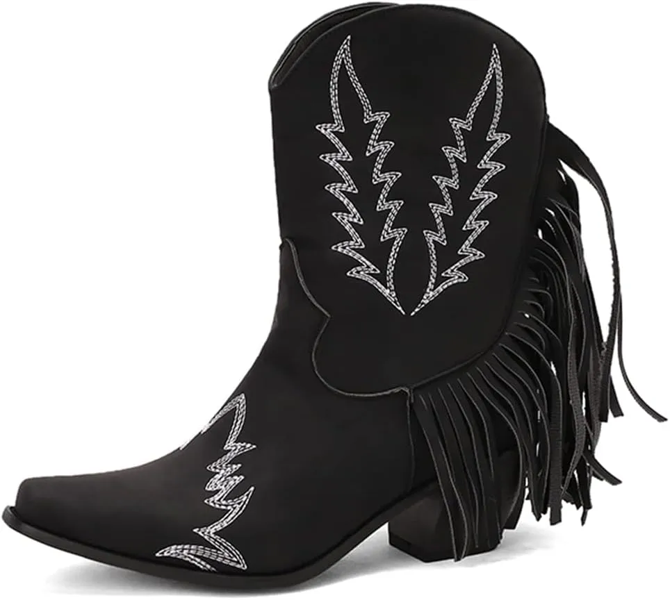 Women's Western Fringed Cowboy Ankle Boots Square Toe Pull On Block Mid Heel Dress Cowgirl Short Booties