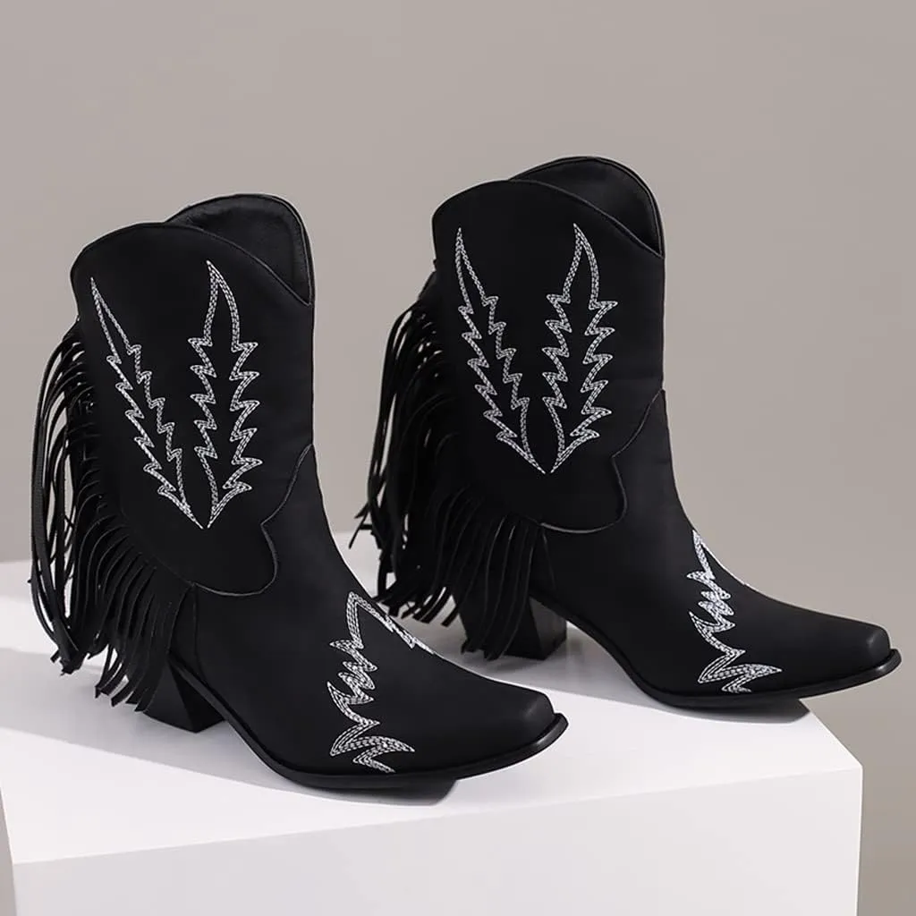 Women's Western Fringed Cowboy Ankle Boots Square Toe Pull On Block Mid Heel Dress Cowgirl Short Booties