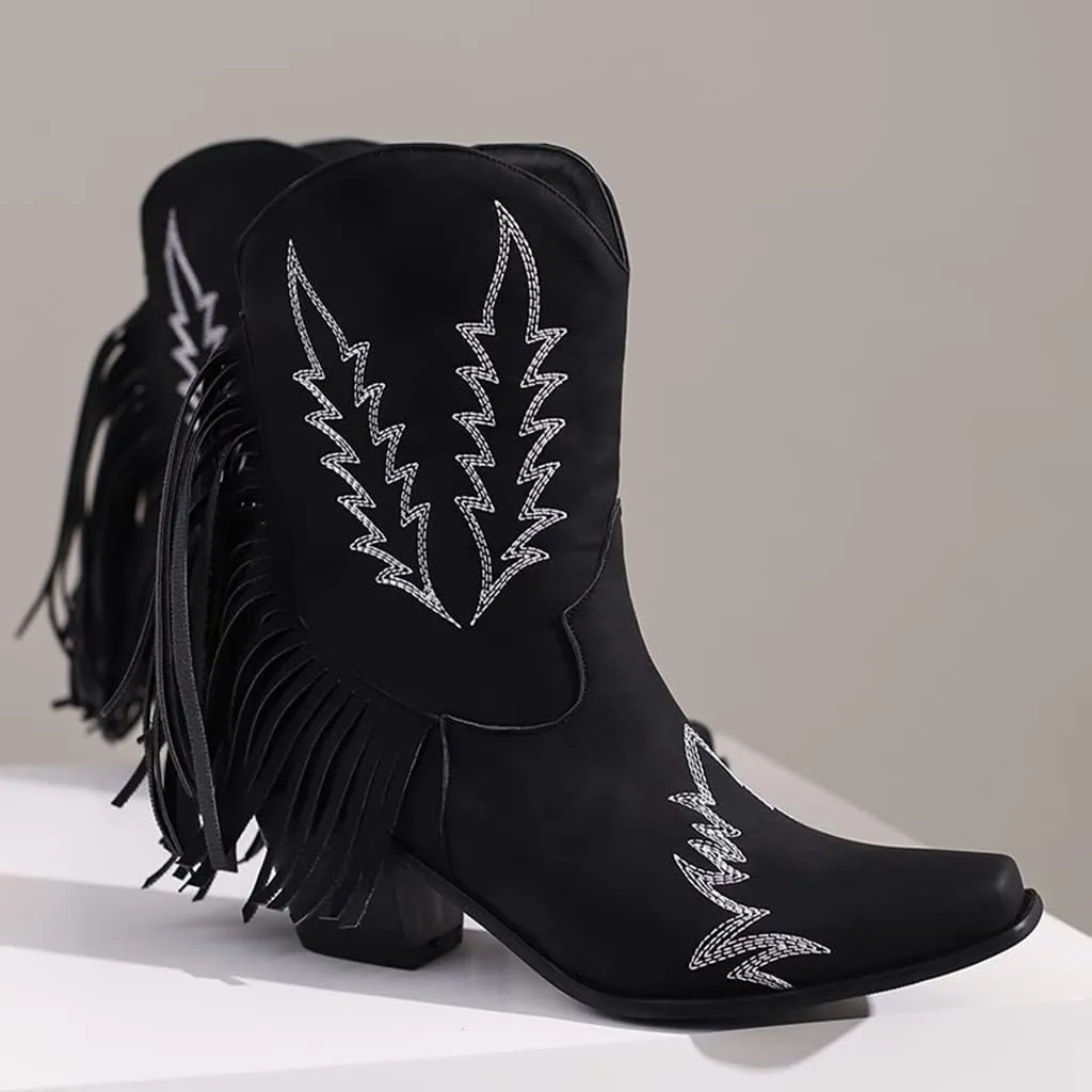 Women's Western Fringed Cowboy Ankle Boots Square Toe Pull On Block Mid Heel Dress Cowgirl Short Booties