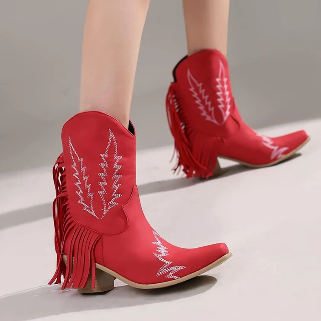 Women's Western Fringed Cowboy Ankle Boots Square Toe Pull On Block Mid Heel Dress Cowgirl Short Booties